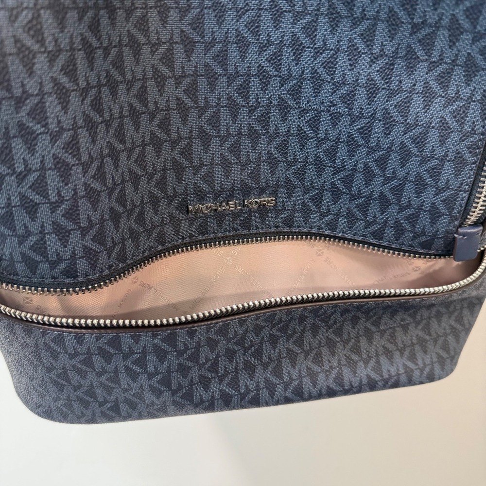 Michael Kors Womens Rhea Backpack Medium Navy Blue Excellent Monogram - Picture 7 of 8
